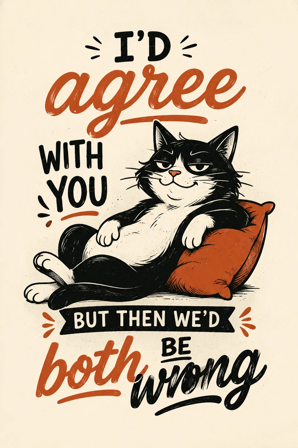 Gato caricaturesco presumido con frase en diseño minimalista de camiseta
