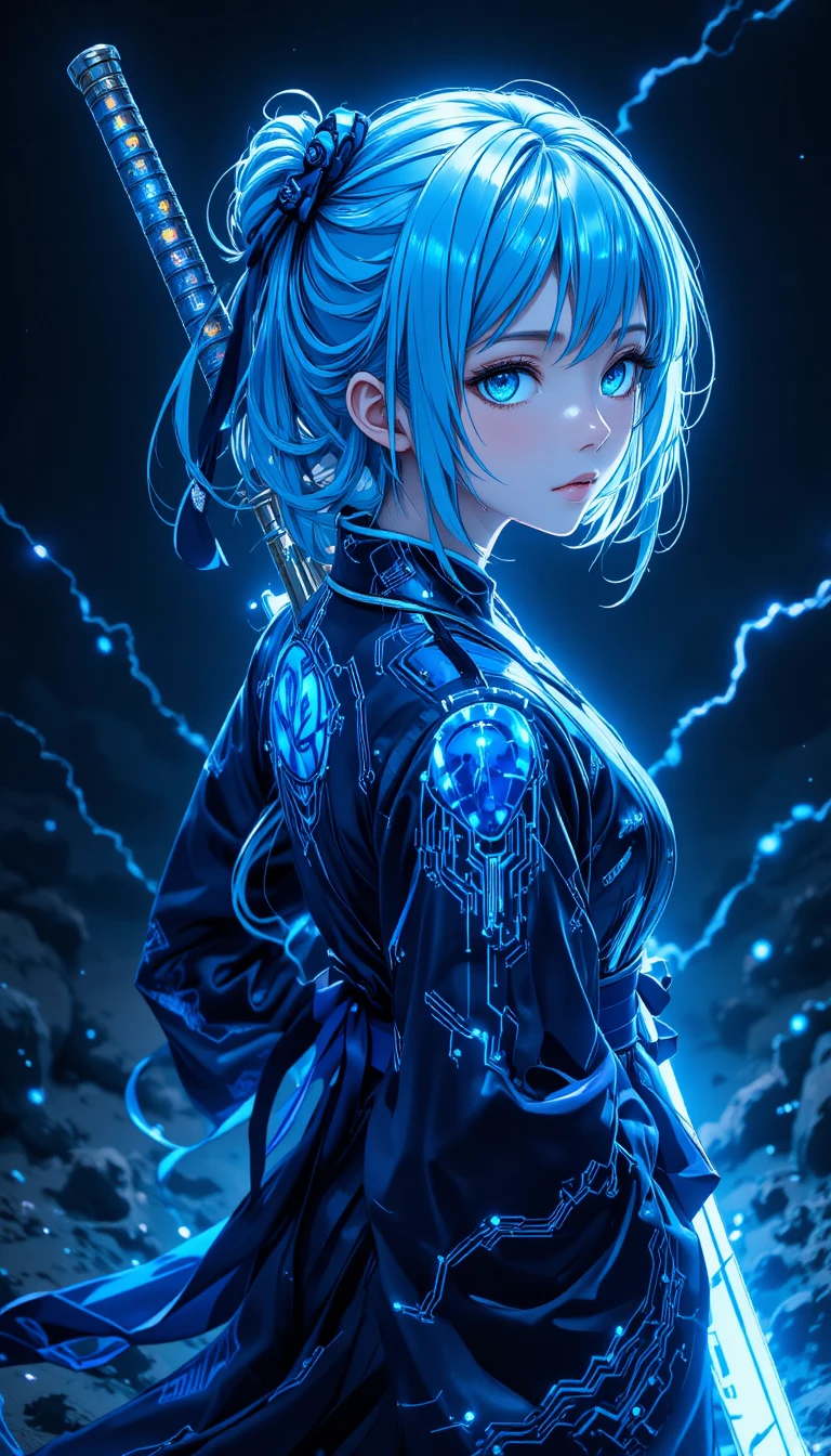 Cyber-Anime-Frau mit leuchtender Katana und elektrischem Blick