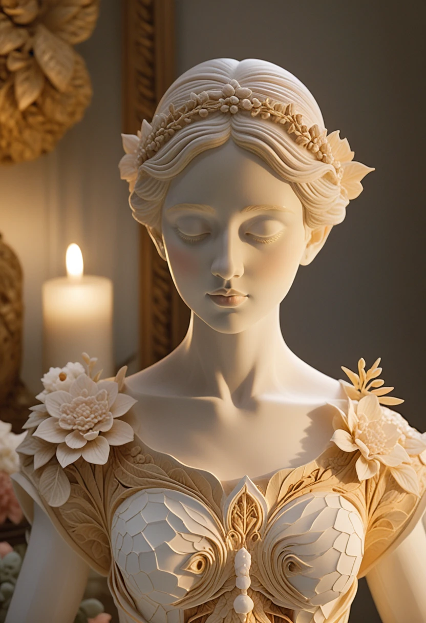 Escultura de porcelana em penteadeira com luz suave de vela