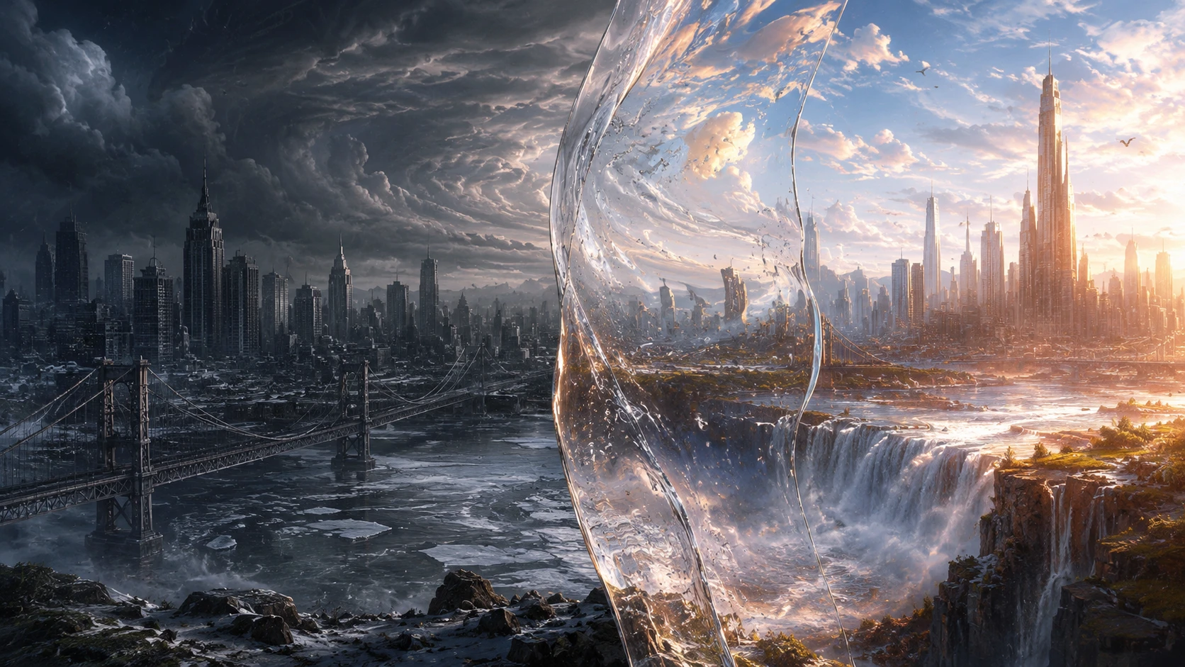Sottile barriera trasparente tra due realtà surreali sovrapposte
