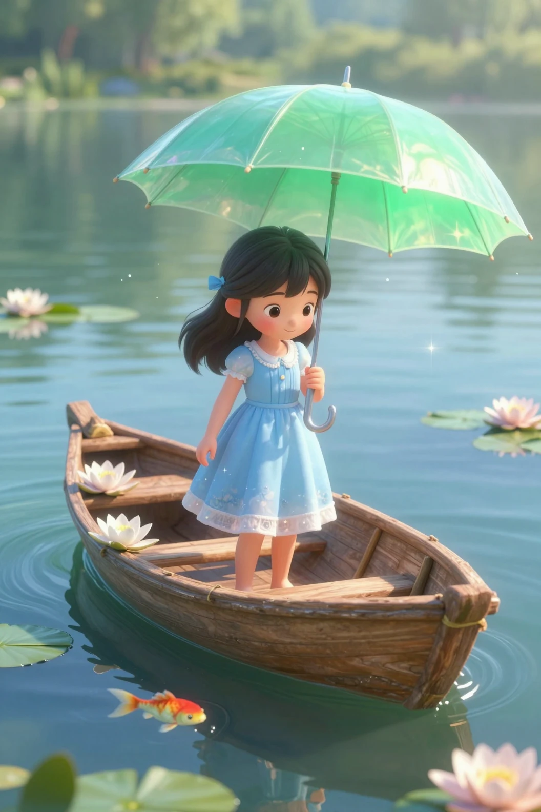 Menina em um barco com lírios em um lago tranquilo