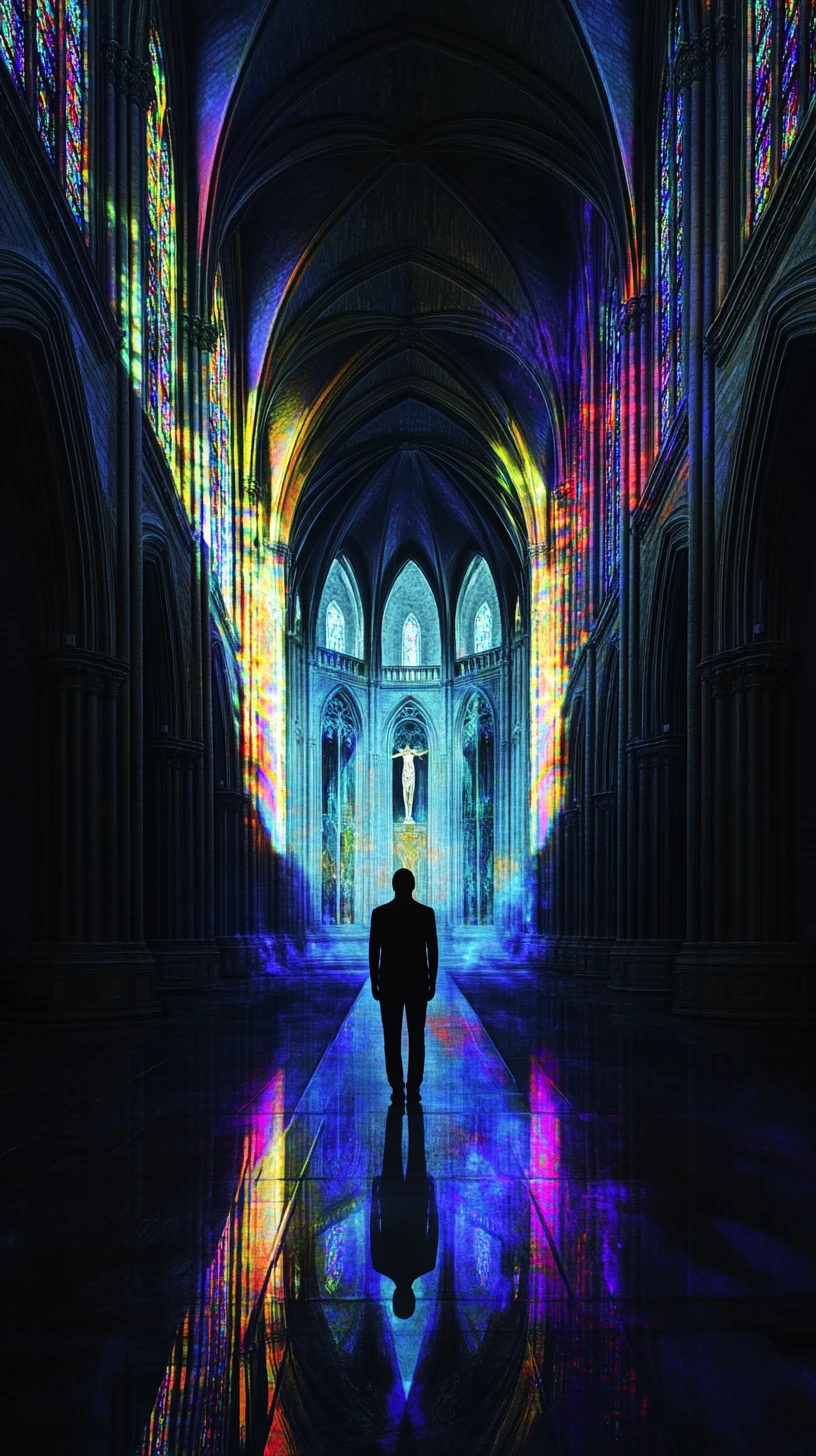 Innenraum einer gotischen Kathedrale mit subtiler menschlicher Silhouette