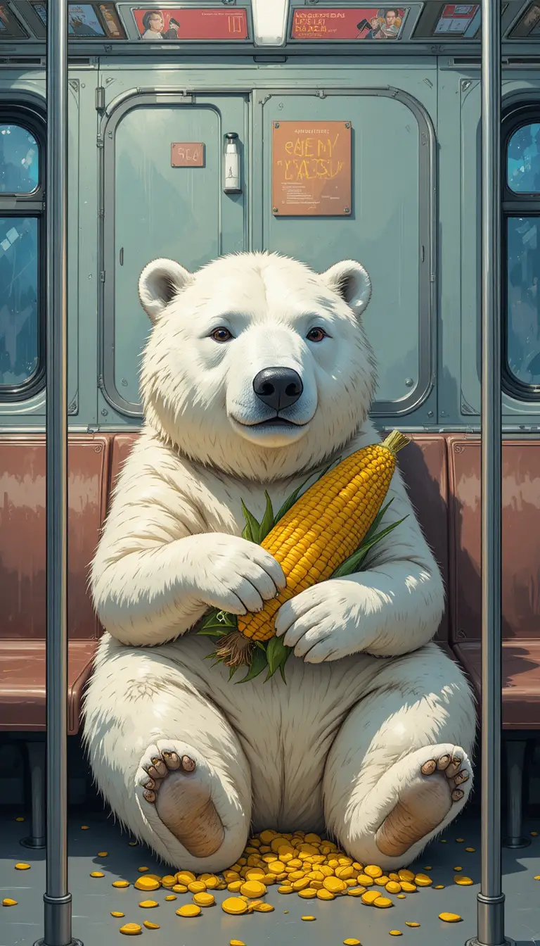 Dolce orso polare su un treno pendolare con popcorn