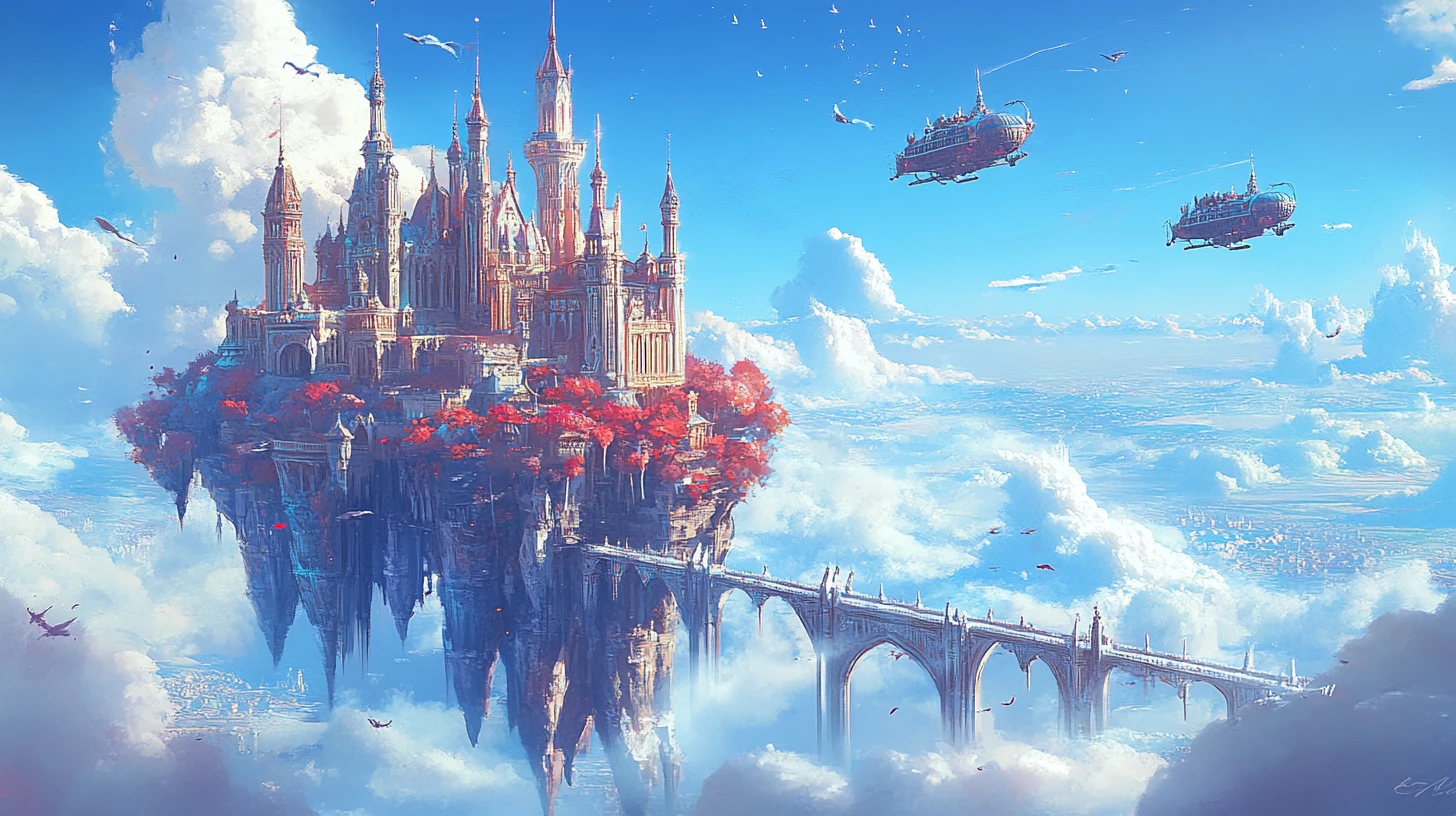 Immense château fantastique sur une plateforme de cristal dans le ciel