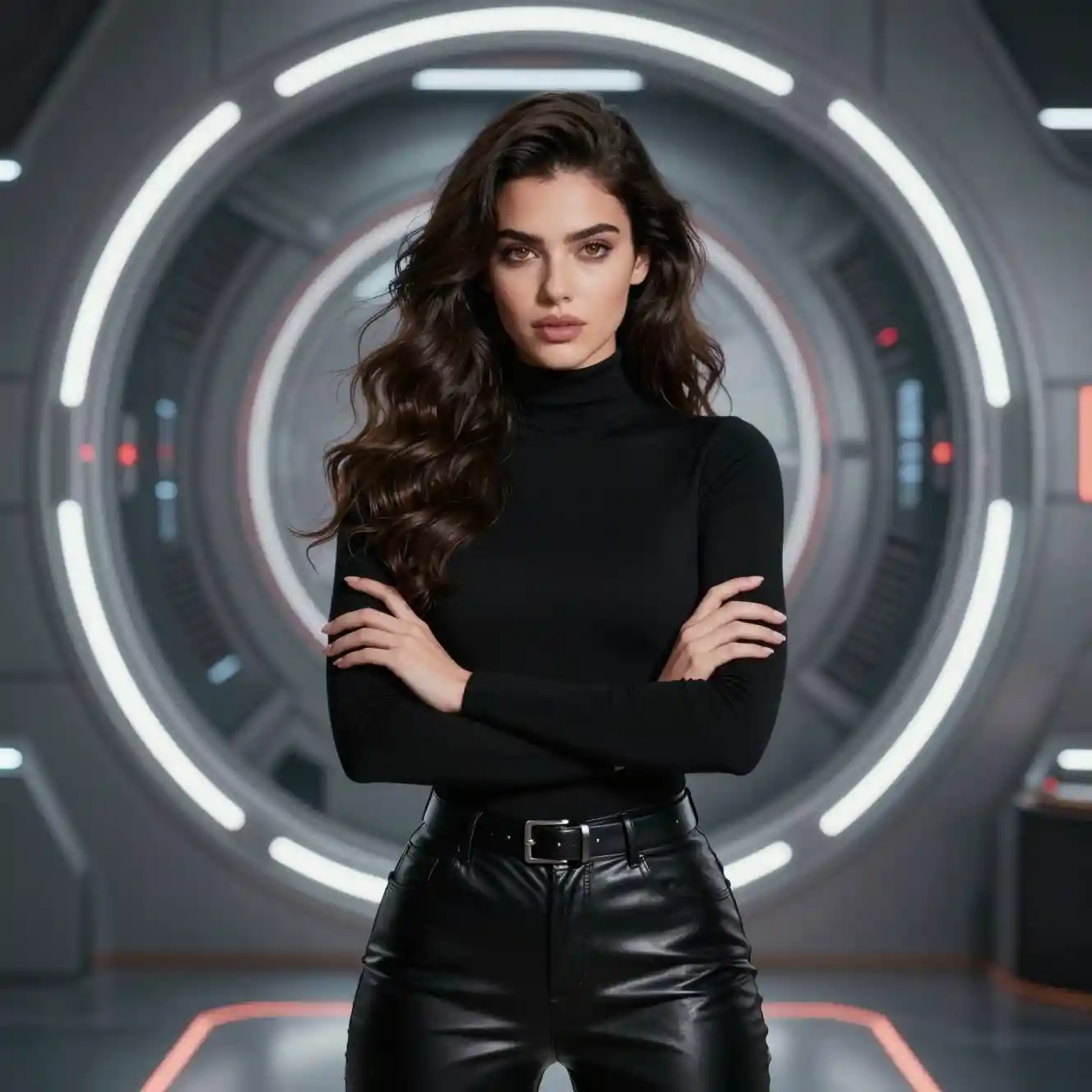 Mulher confiante em couro preto diante de portal sci‑fi