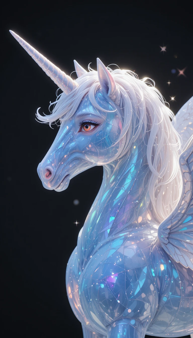 Traumhaftes Anime-Einhorn mit Flügeln vor schwarzem holografischem Hintergrund
