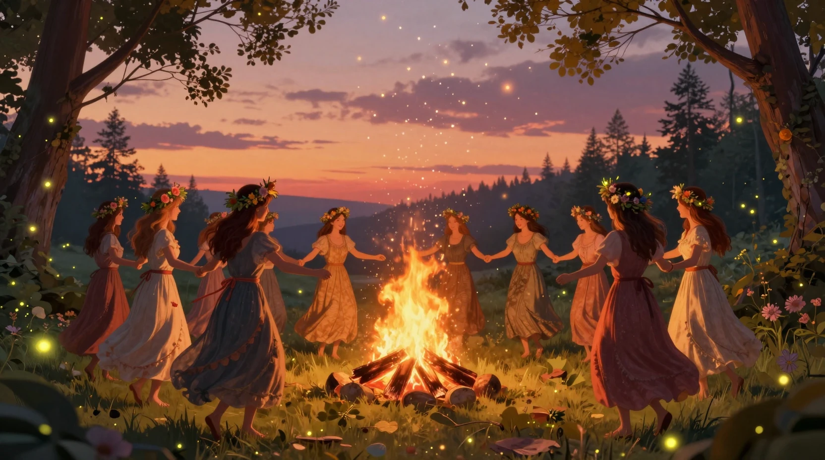Nordische Mittsommermädchen, die um ein glühendes Lagerfeuer tanzen