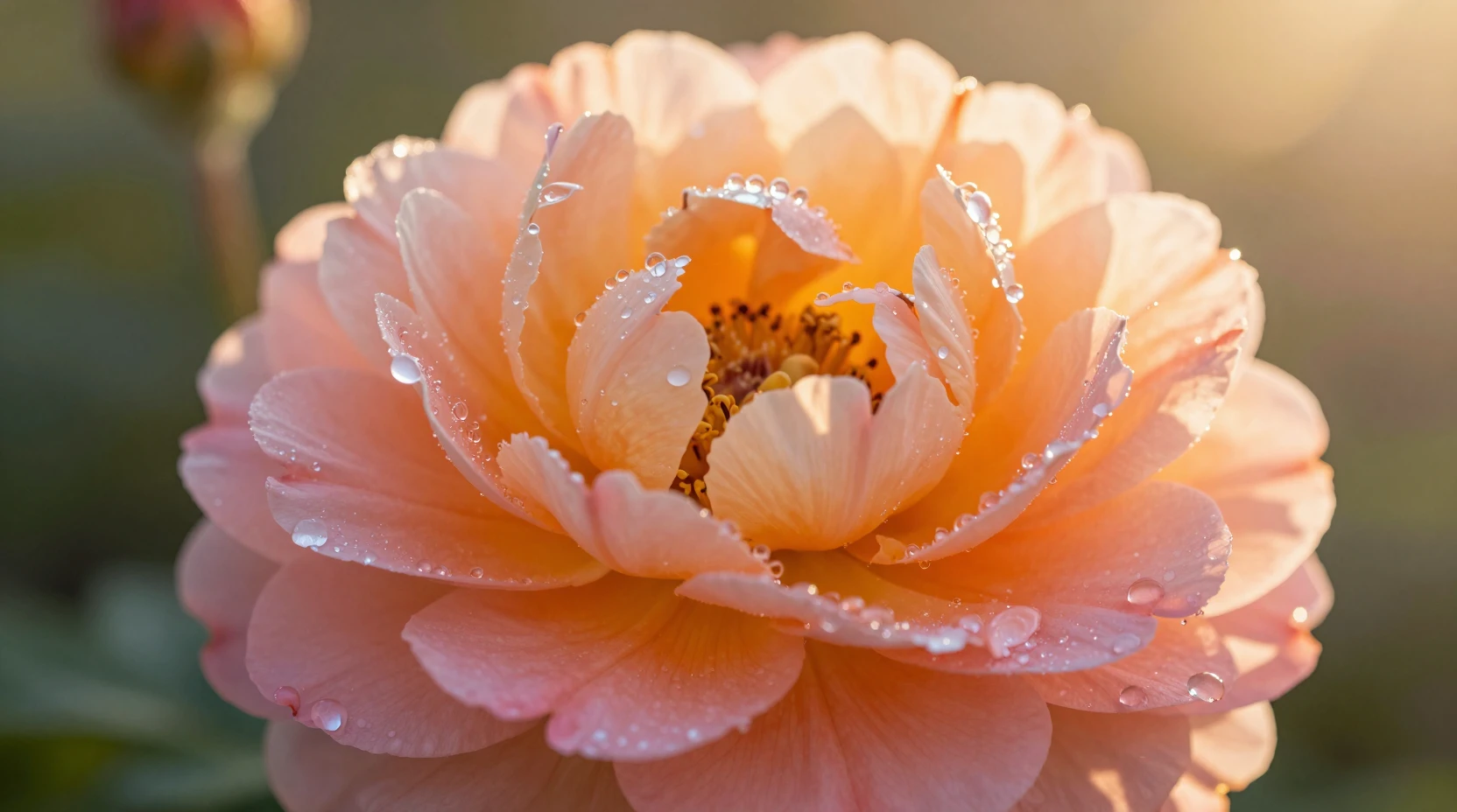 Gros plan macro d’une fleur avec gouttes de rosée au lever du soleil