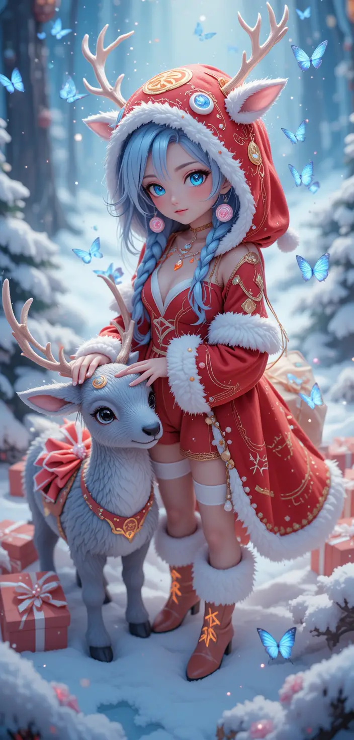 Anime reindeer girl in snowy magical christmas fantasy scene