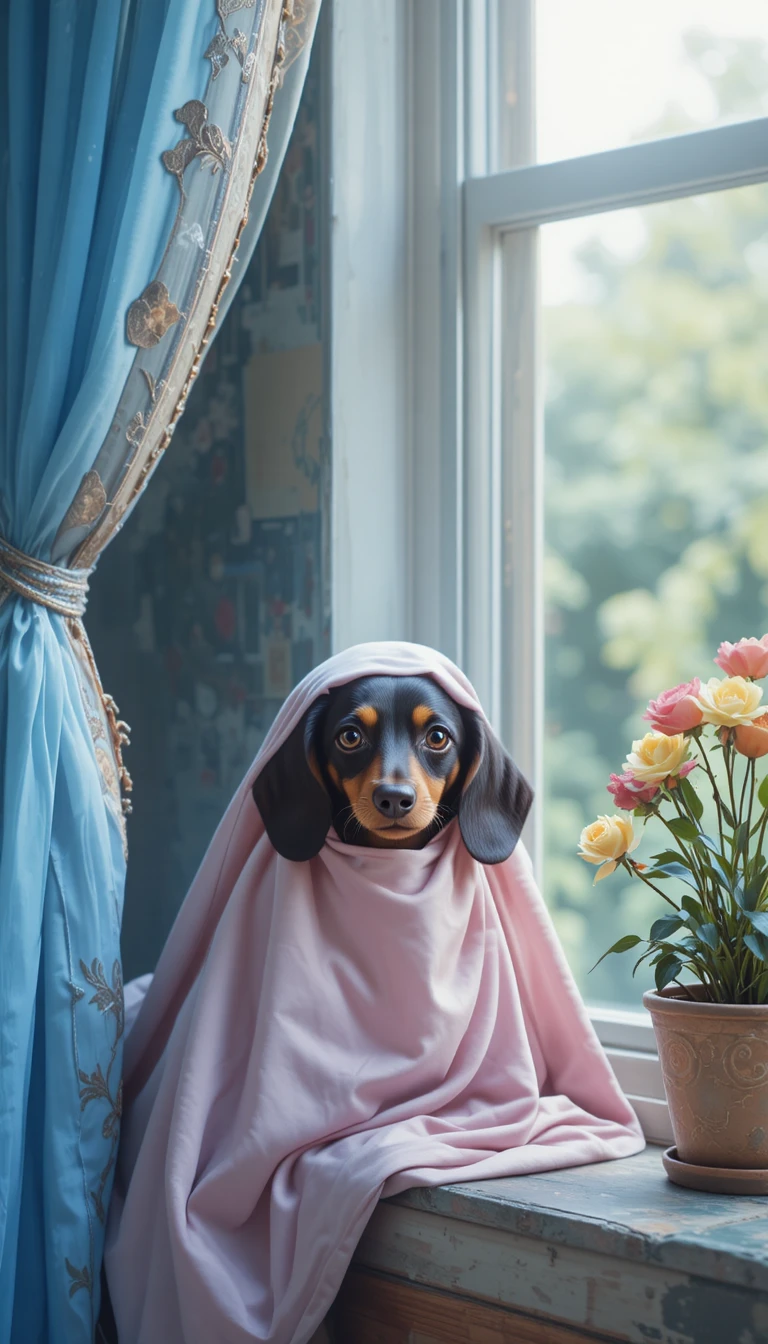 Adorável dachshund espiando debaixo de cobertor de cetim na janela
