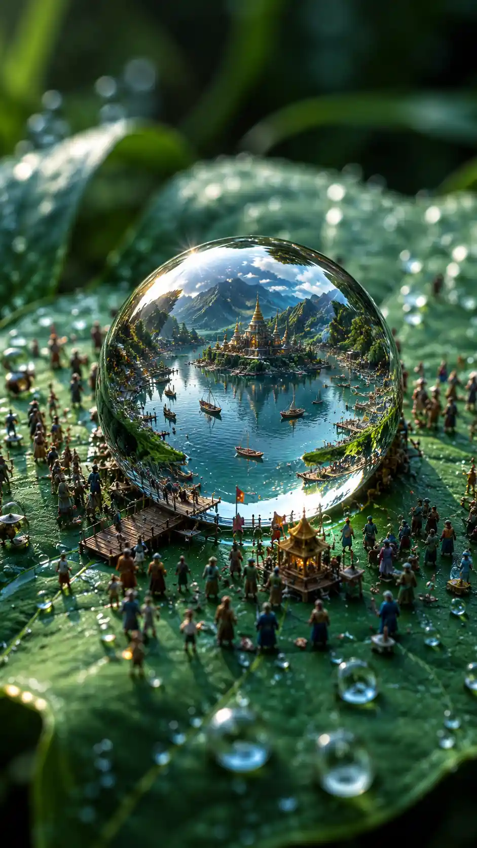Tiny travelers gathered around a sacred raindrop lake