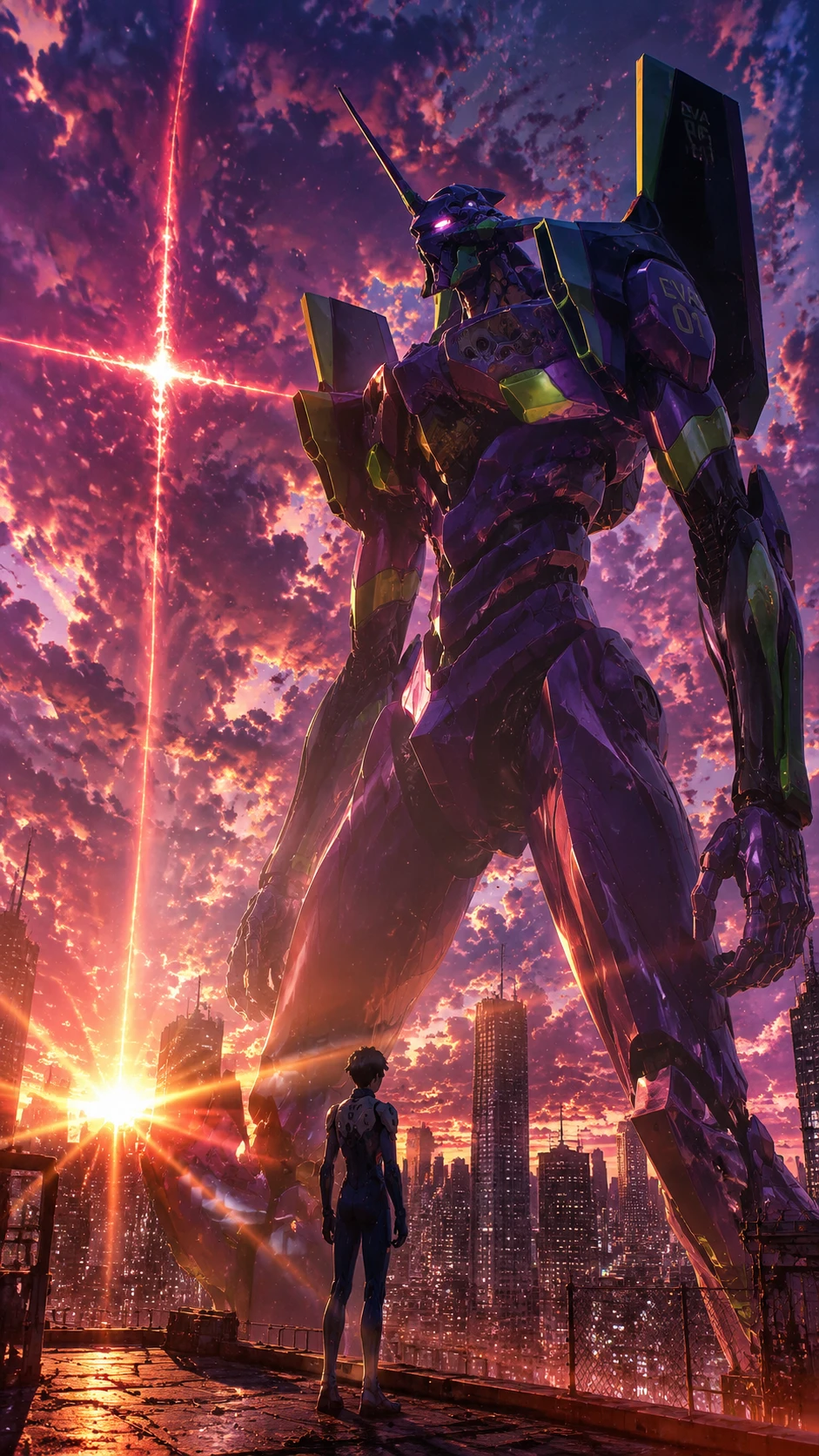 Anime pilot facing towering mecha in futuristic city twilight