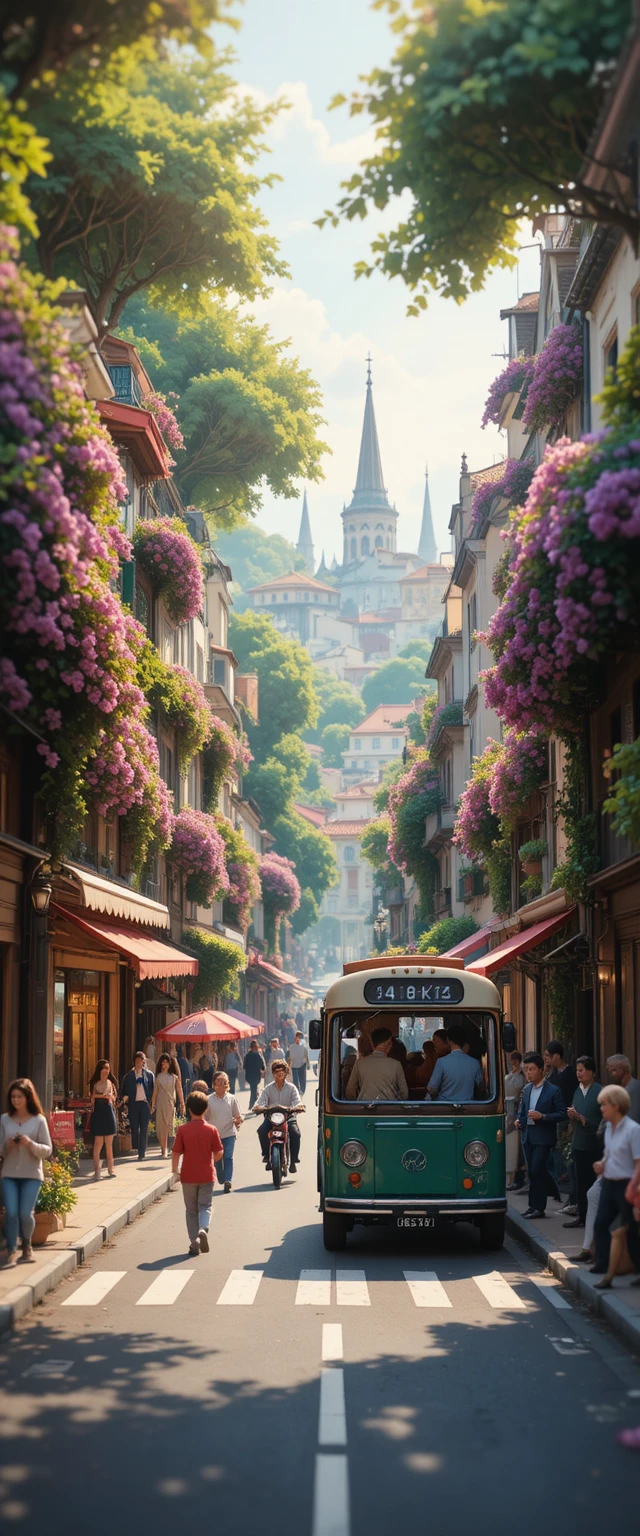 Rua parisiense vibrante com prédios coloniais e flores
