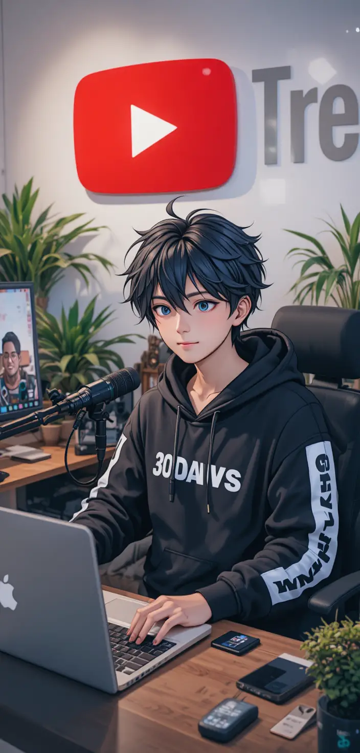 Anime-Junge am Computertisch mit Studiomikrofon
