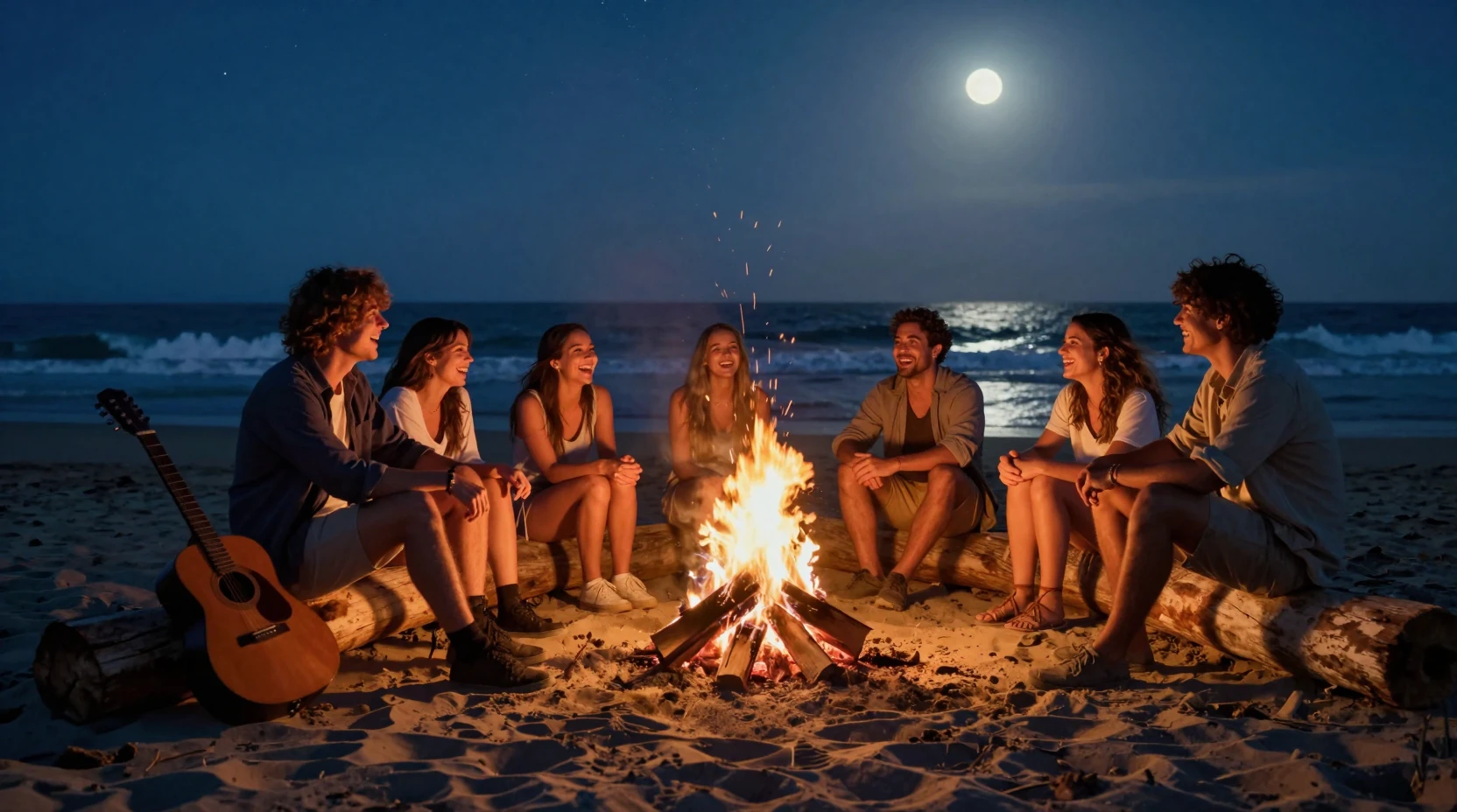 Freunde teilen ein nächtliches Strandlagerfeuer unter den Sternen