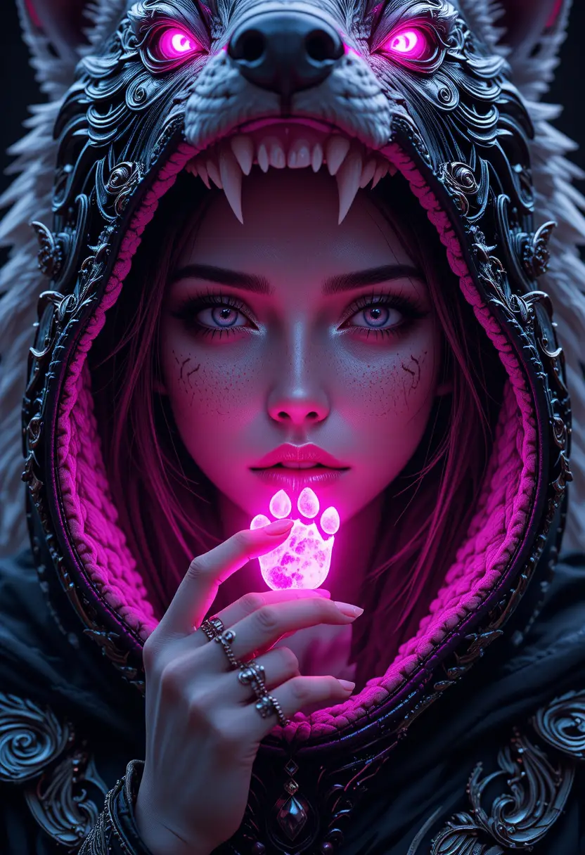 Mystische Frau in Wolfskapuze mit leuchtendem pinken Emblem