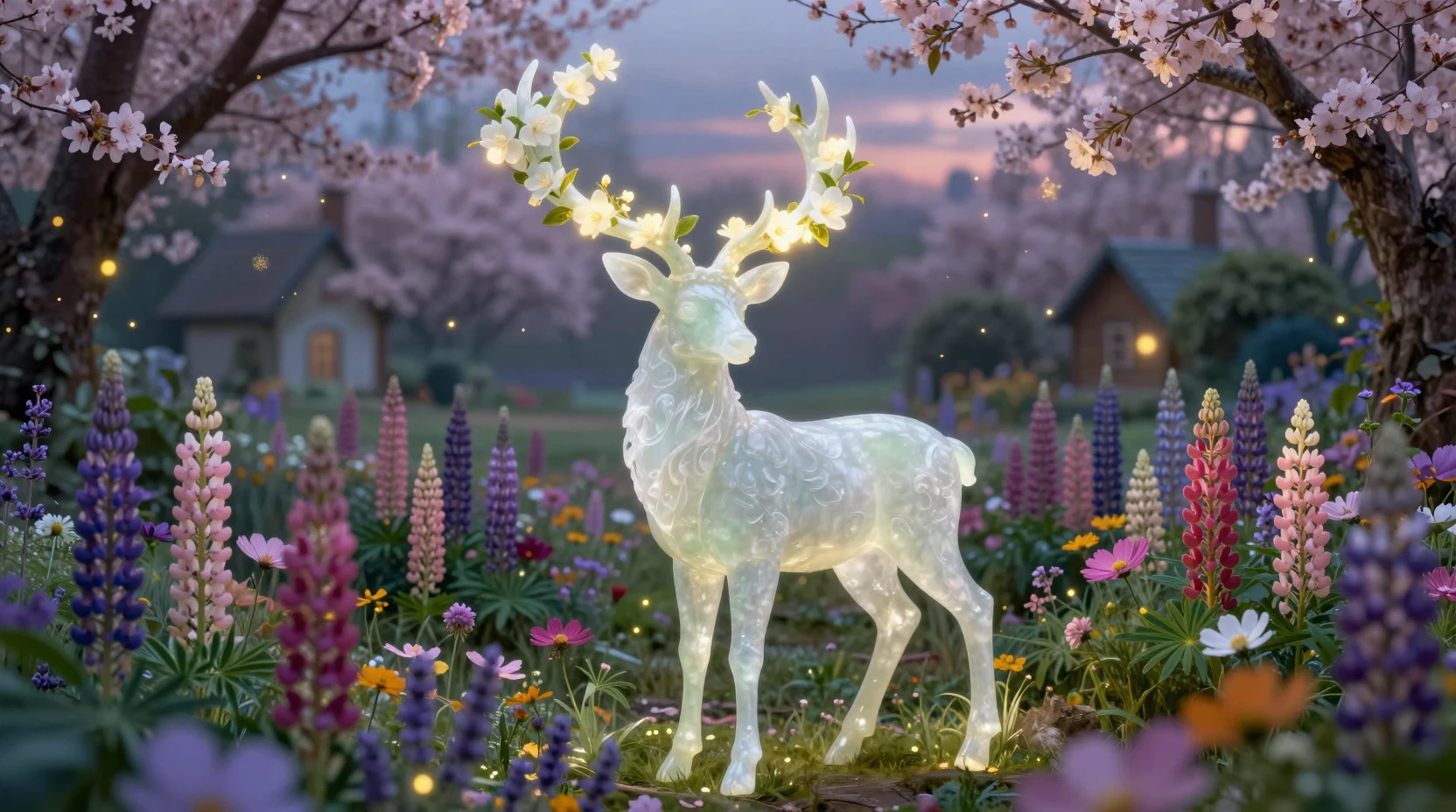 Cervo de Jade Místico em Jardim Florido ao Crepúsculo Luminoso