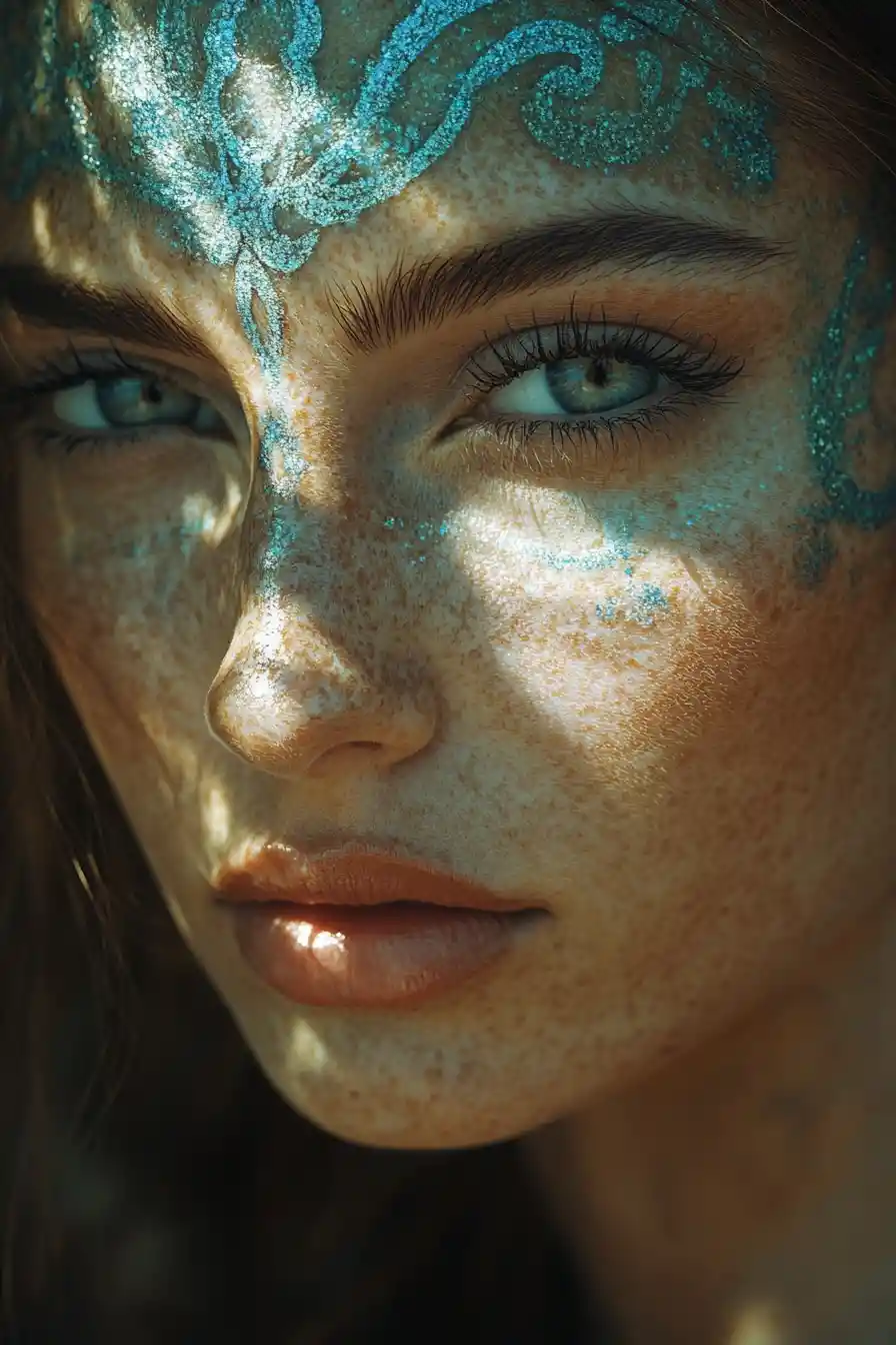 Ethereal woman with blue markings in ancient warm light