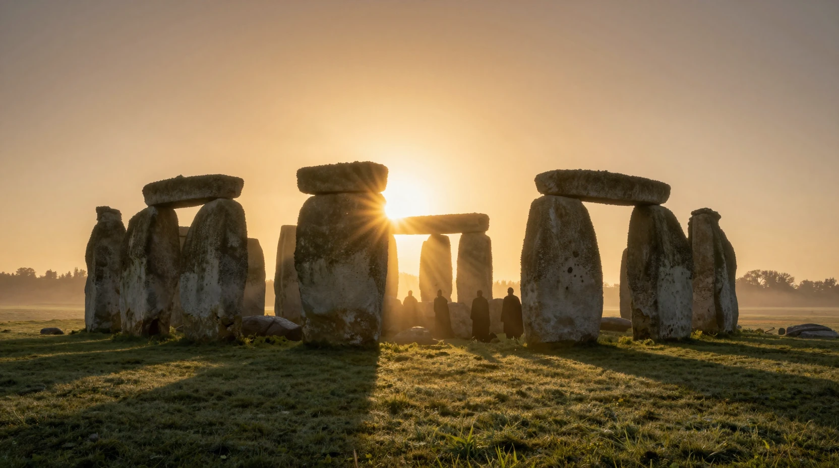 Nascer do sol no solstício de verão iluminando os antigos megálitos de Stonehenge