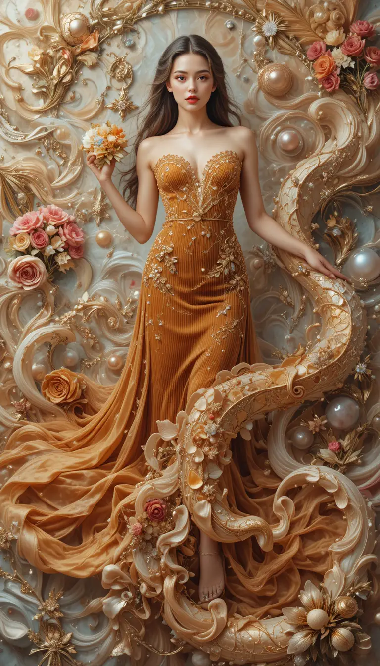 Fantasie-Transparente Muschel mit goldener Flüssigkeit und Edelsteindetails