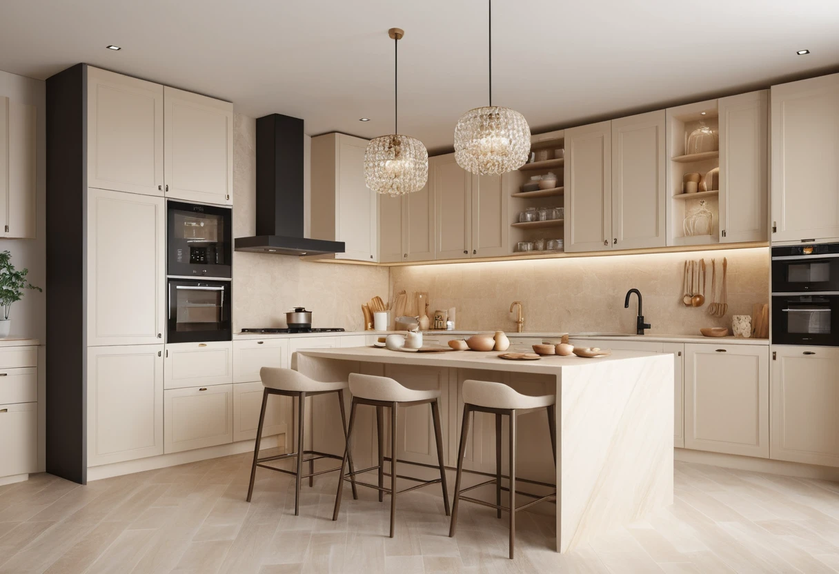 Cucina beige Japandi con accessori moderni in tonalità cremose