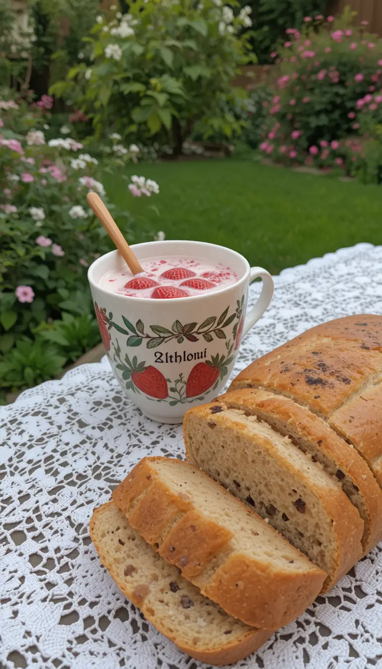Tazza di Arte Popolare con Fragole nel Latte su Tavolo da Giardino