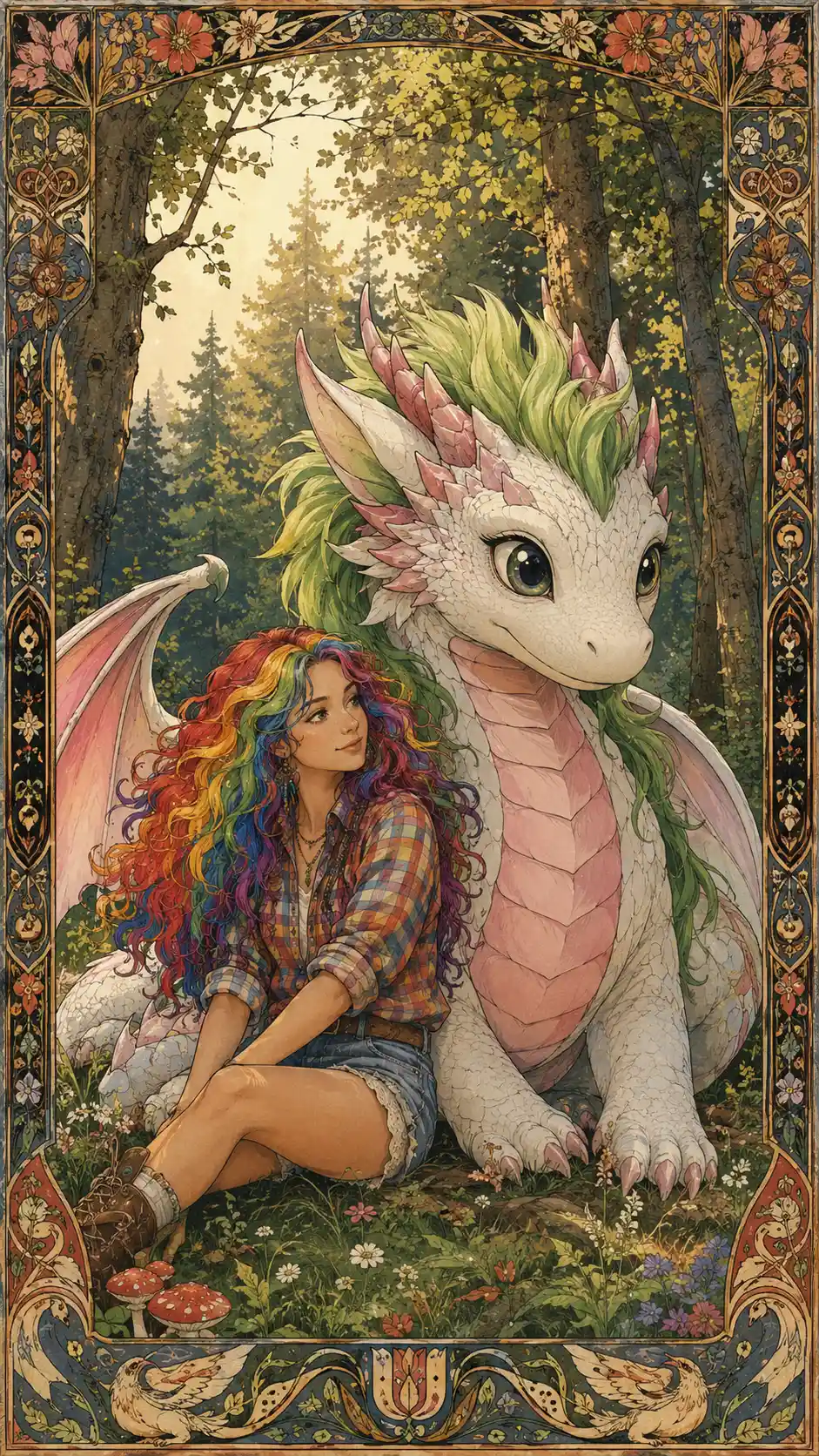 White fantasy dragon and rainbow haired woman in forest