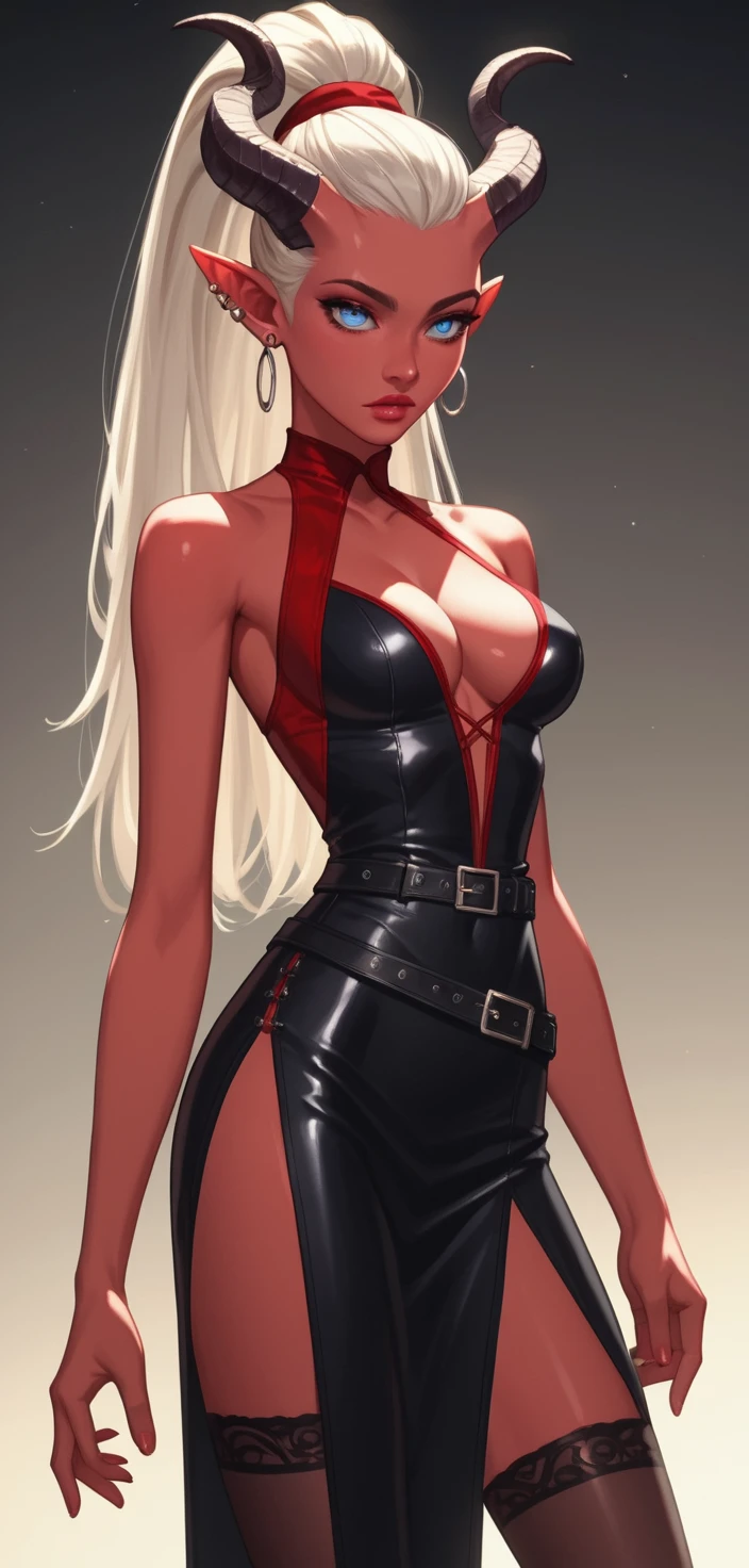 紅色緞面洋裝的優雅魔裔女郎寫真