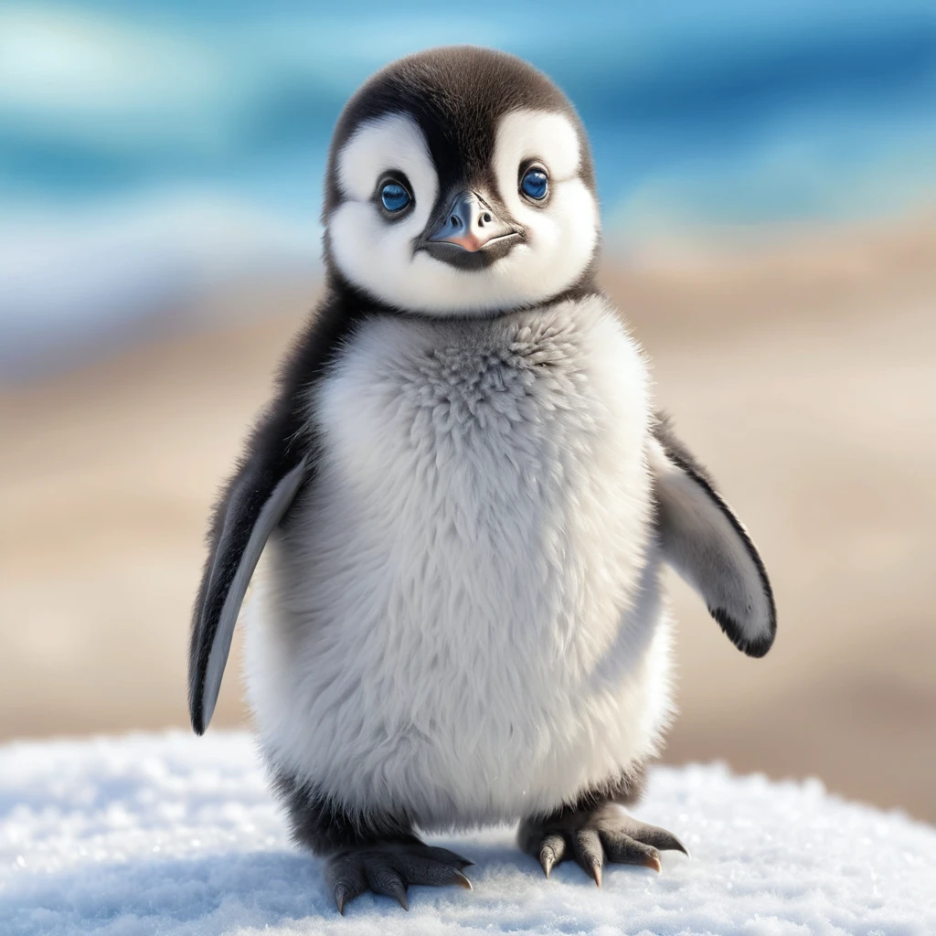青い目のかわいい赤ちゃんペンギンの色鉛筆イラスト