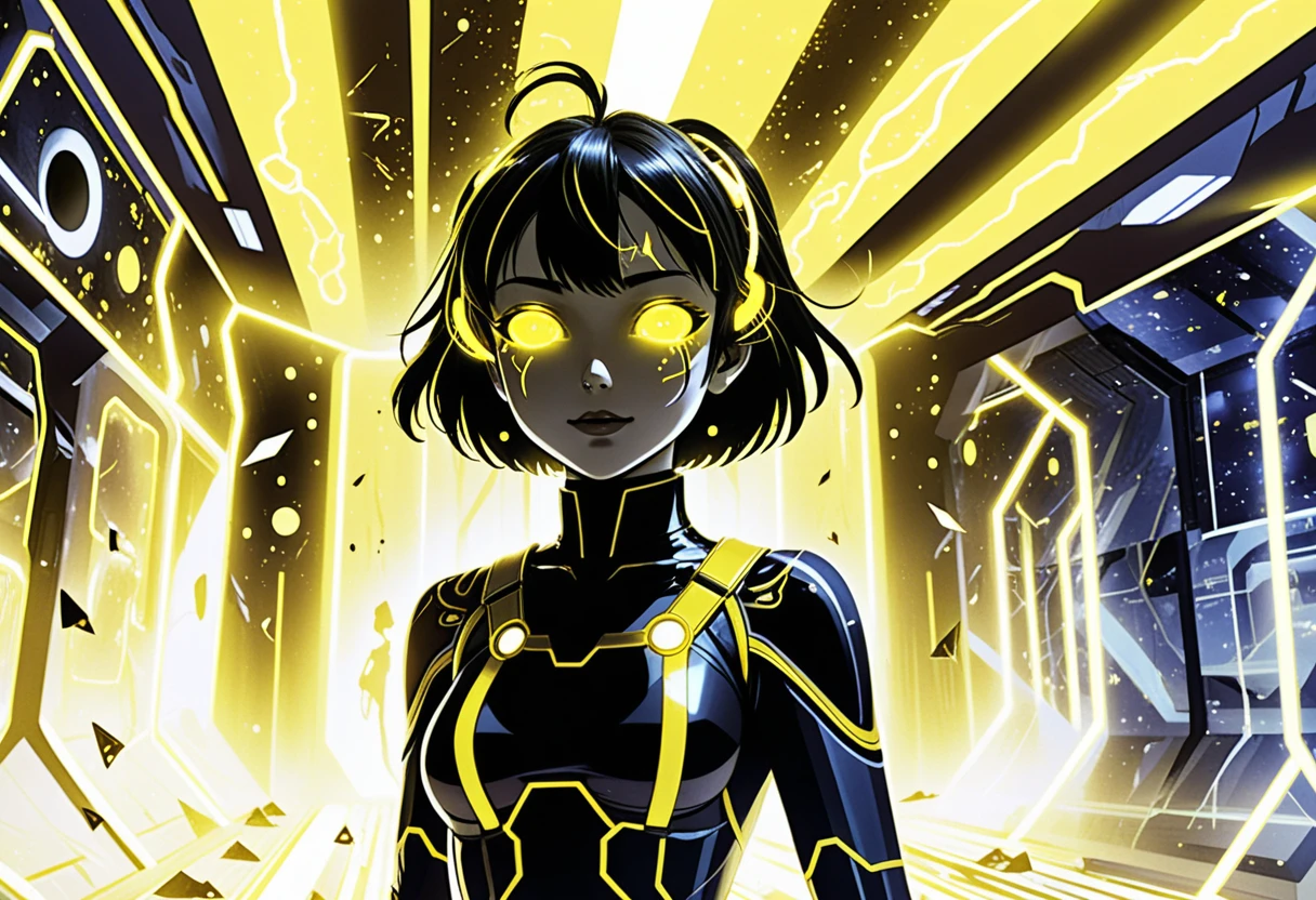 Ragazze anime in struttura sci-fi al neon con vuoto giallo