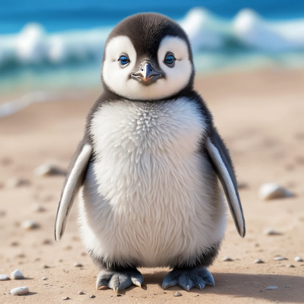 Tierno bebé pingüino de ojos azules en dibujo tipo caricatura esponjosa