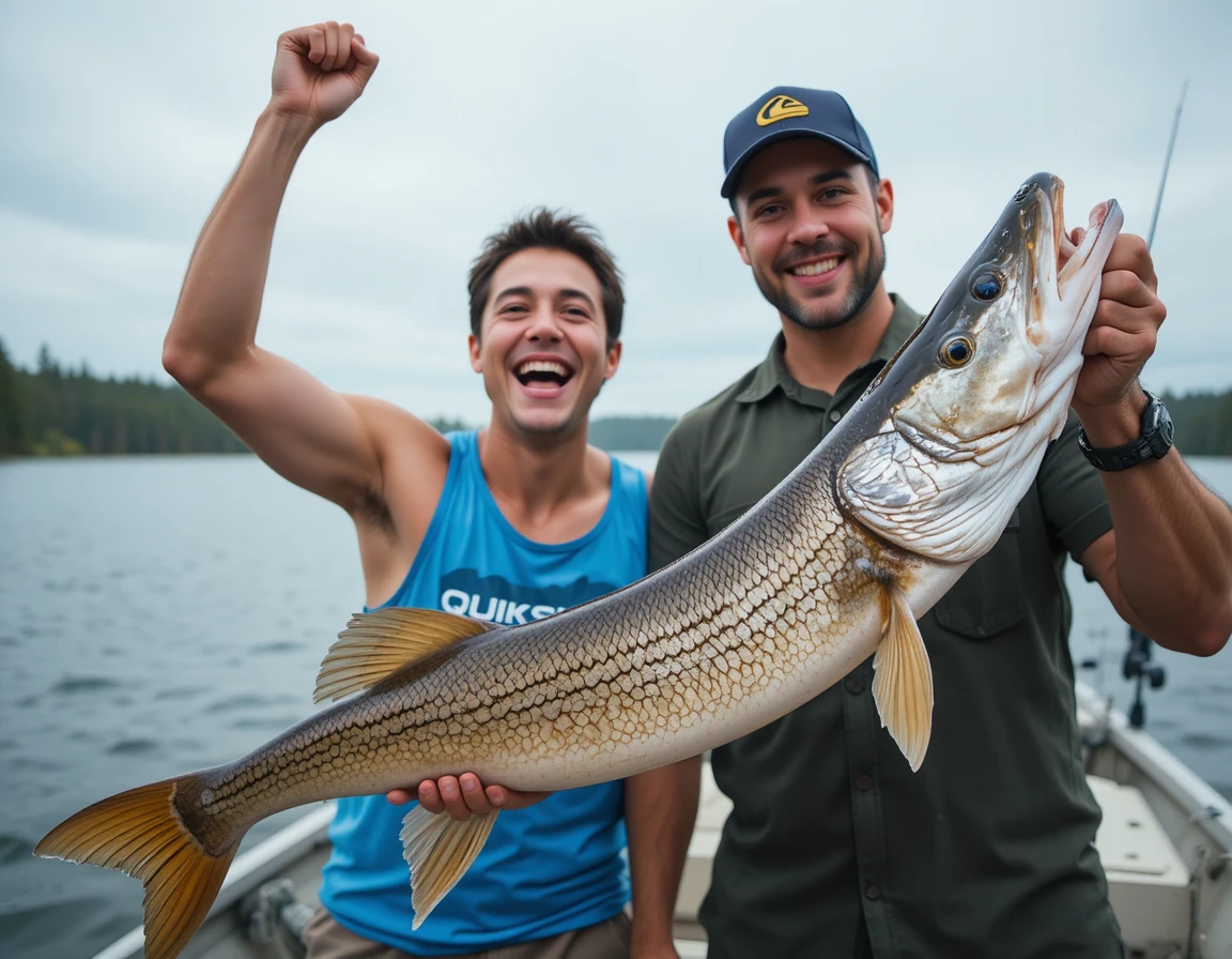 Deux pêcheurs célèbrent avec un grand maskinongé sur un lac