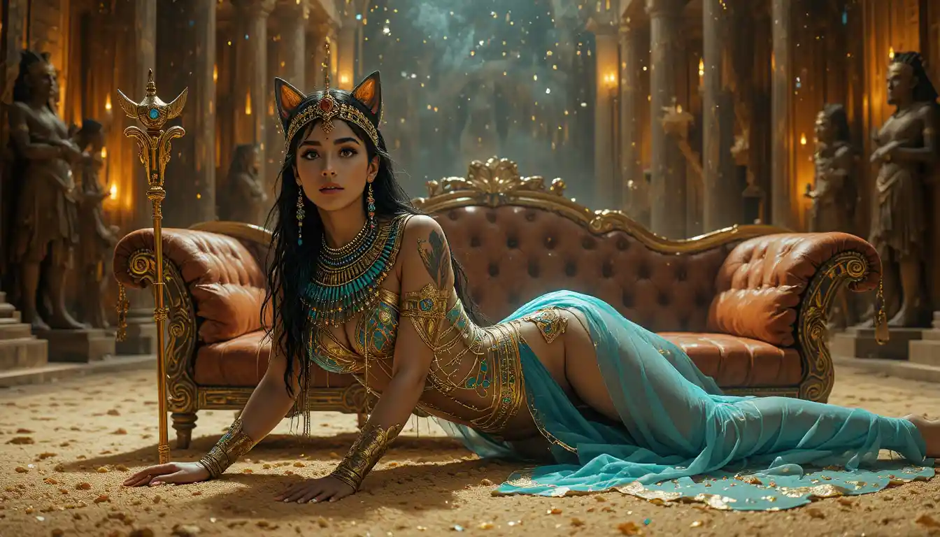 Seducente regina egizia reclinata su un sontuoso divano reale decorato