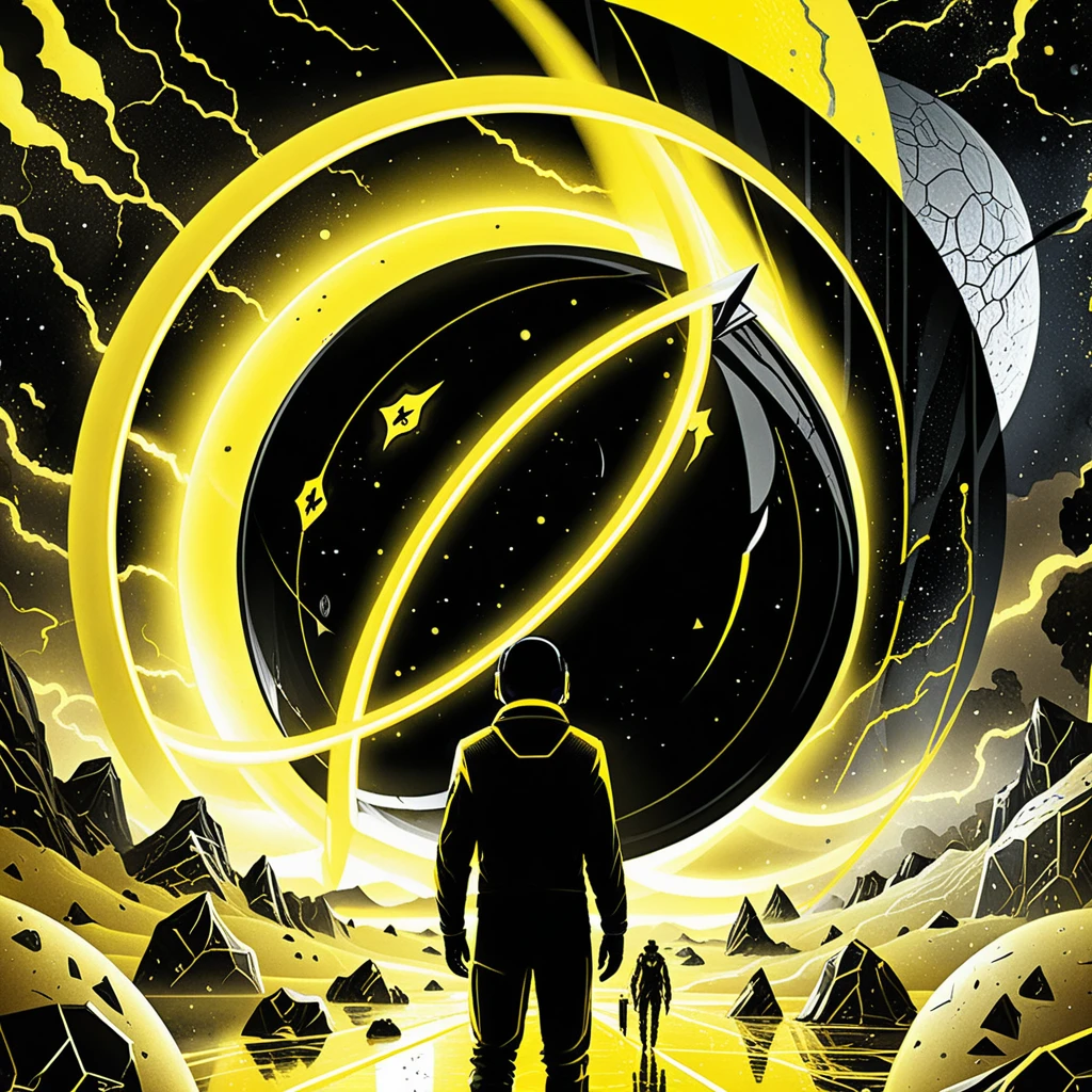 Futuristischer schwarzer Sci-Fi-Planet mit gelbem Neonlicht