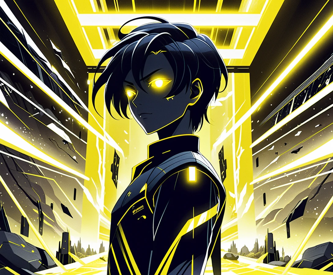 Garçon d’anime isekai dans une installation sci‑fi éclairée au néon