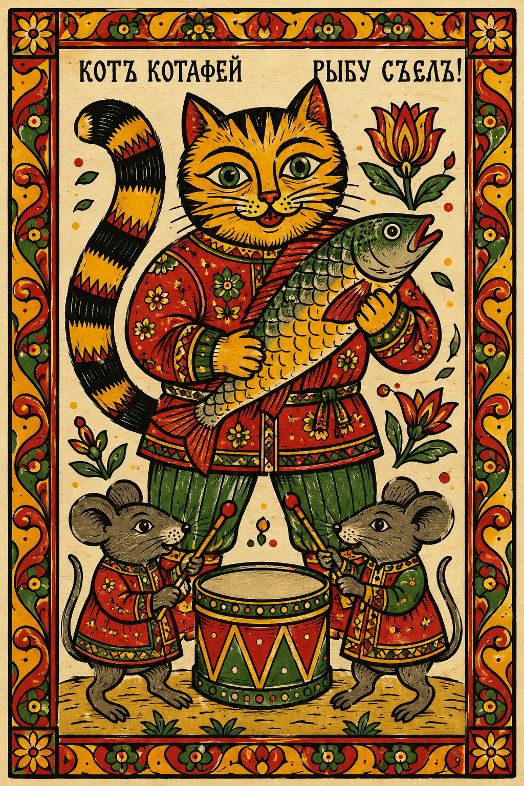 Ilustração em estilo folclórico russo de um gato segurando um peixe