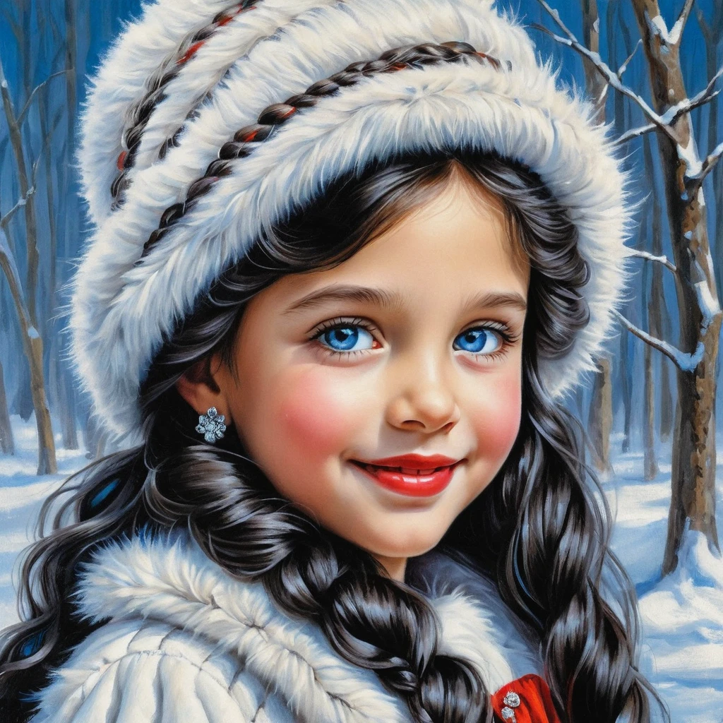 Illustration d’une Fille d’Hiver Souriante en Manteau de Fourrure Blanc