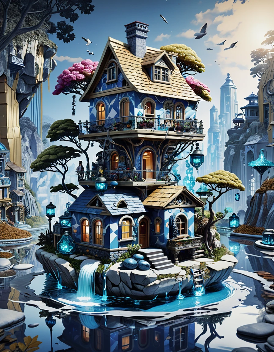 Maison en pierre miniature sur un diorama d’île flottante mystique