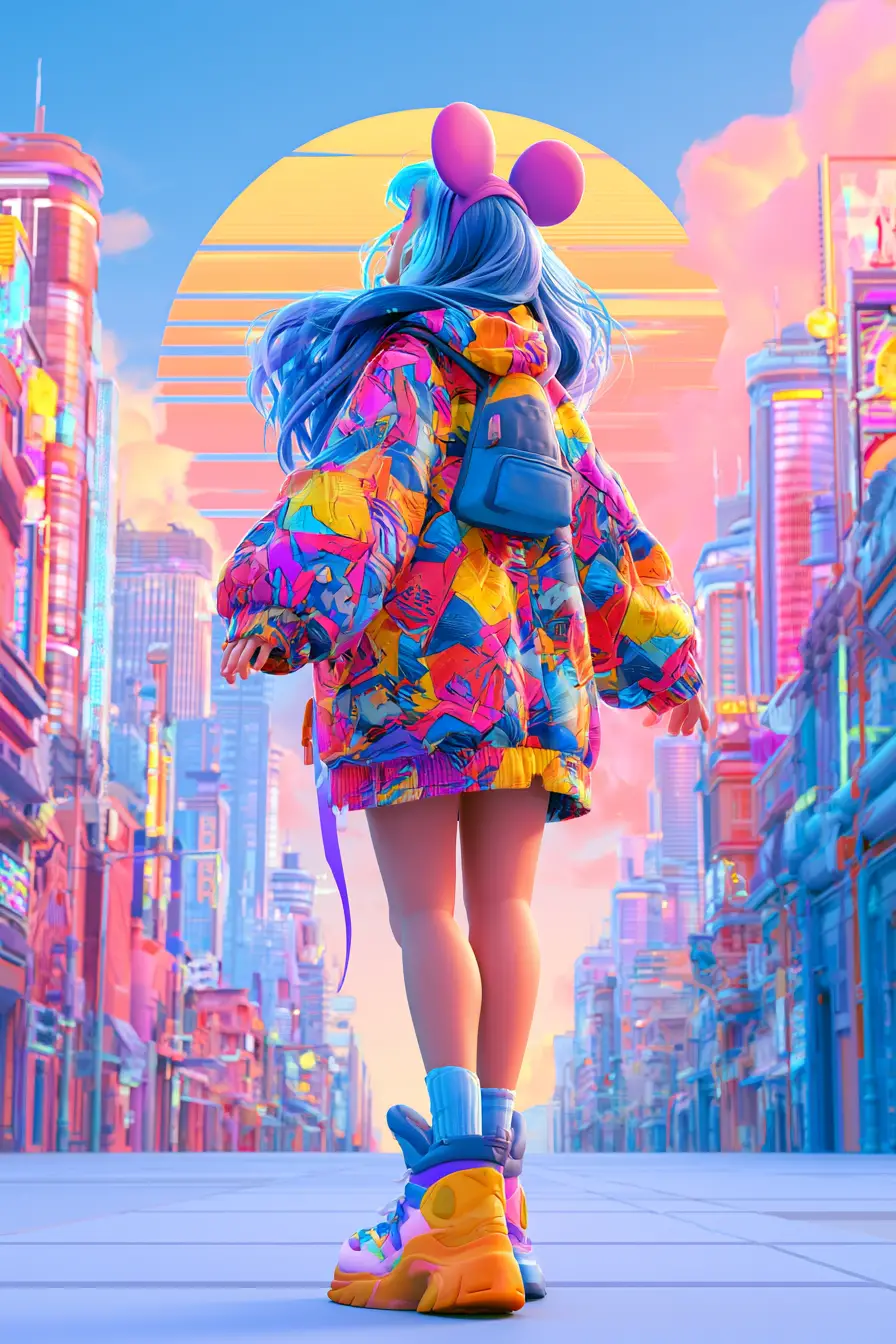 夢幻女子踏入復古未來感霓虹城市