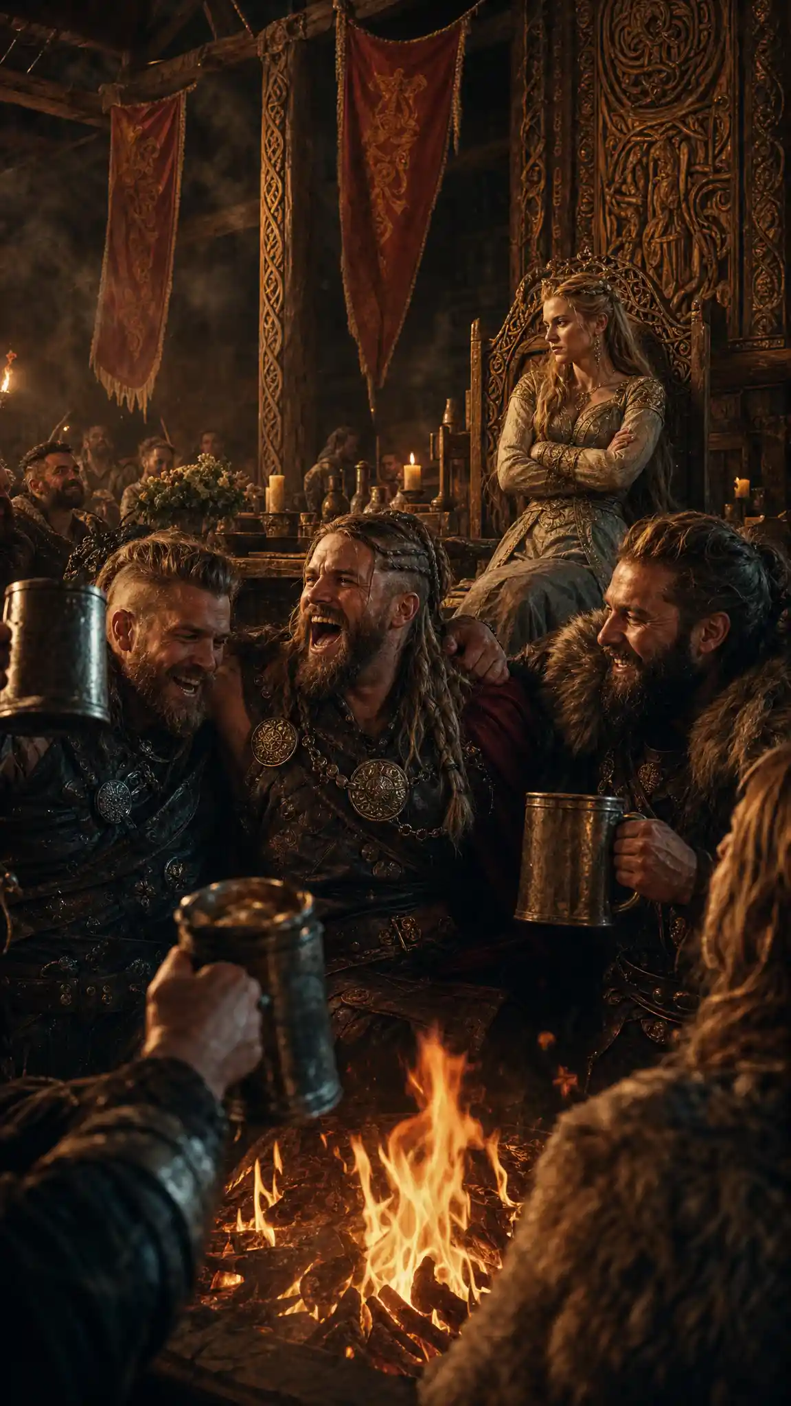 Laughing viking groom in a crowded mead hall