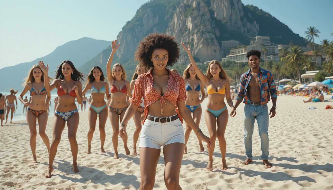 Jeunes amis dansant ensemble sur une plage ensoleillée