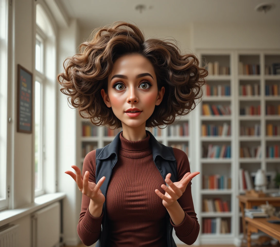 Mulher de meia-idade gesticulando em uma biblioteca caseira iluminada