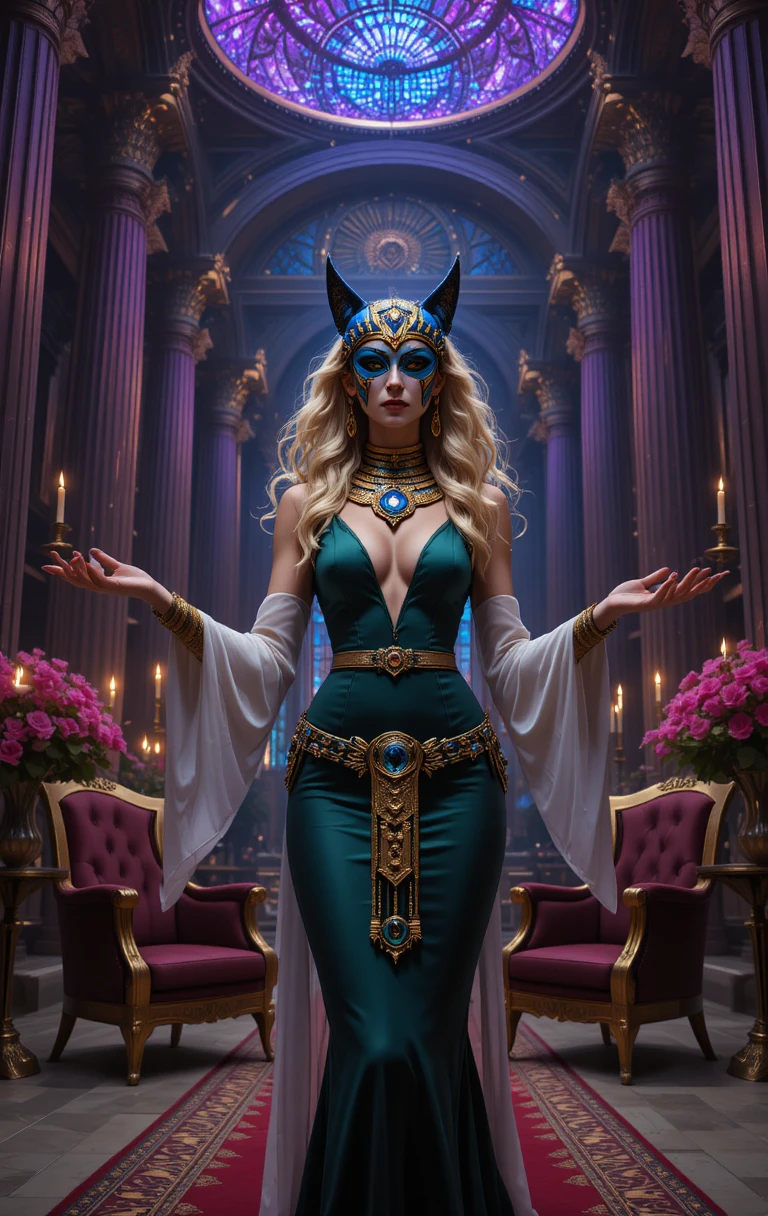 Femme masquée en robe émeraude dans la salle d’un temple mystique