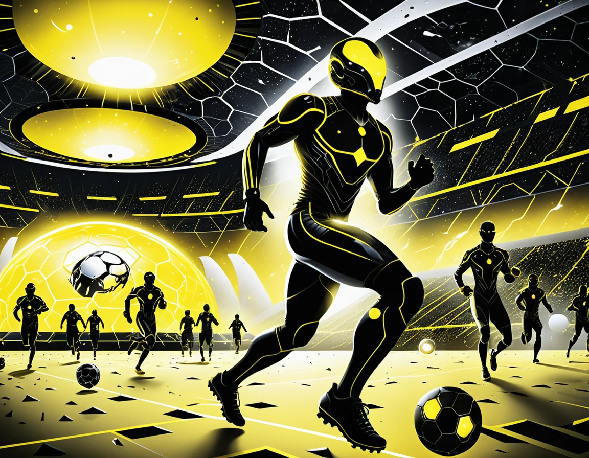 ネオンサイバーパンクスタジアムの未来的なサッカー戦士たち