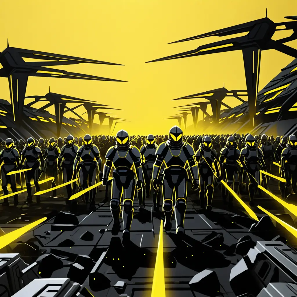 Futuristic robot army marching across a ruined wasteland