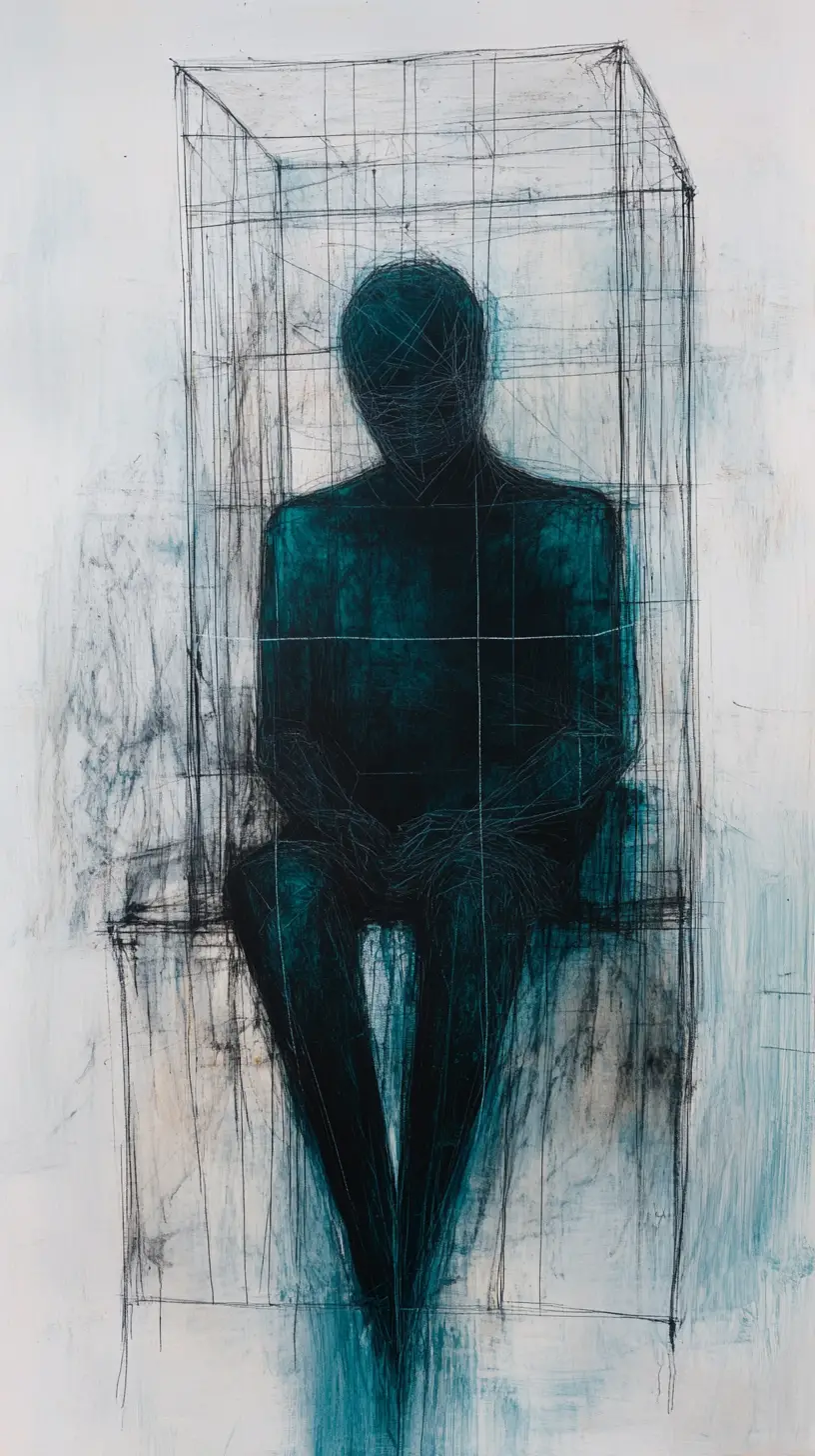 Surrealistisches abstraktes Porträt, das aus geschichteten glyphenartigen Formen hervorgeht