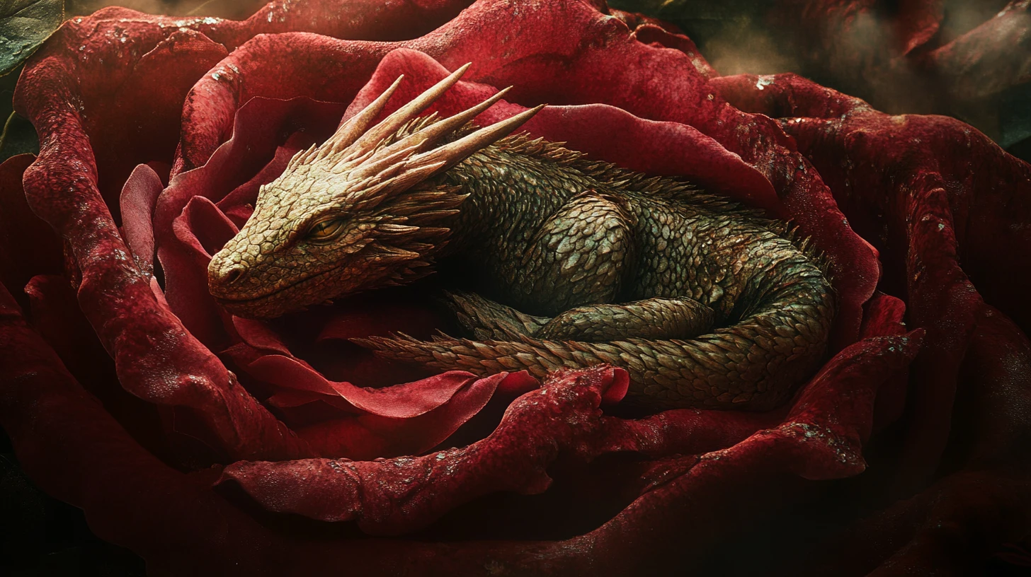 Dragão adormecido formado a partir de uma única rosa gigantesca
