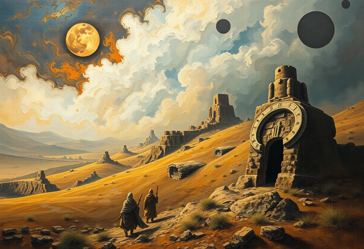 Monges essênios caminhando por uma paisagem mística de Qumran