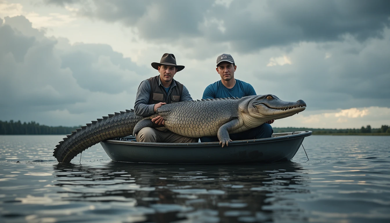 Zwei Männer halten einen großen Alligatorhecht auf einem ruhigen See