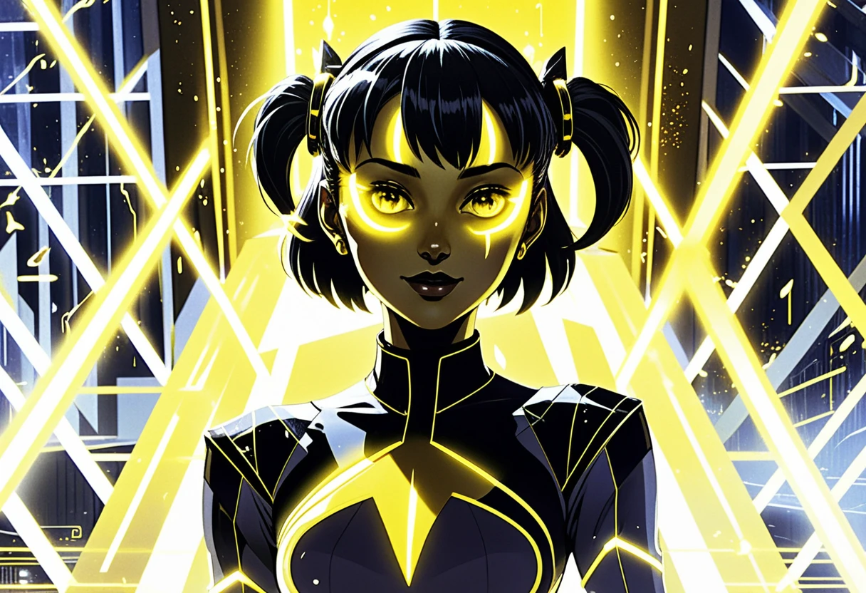 Ragazze anime in una vasta struttura scientifica futuristica al neon